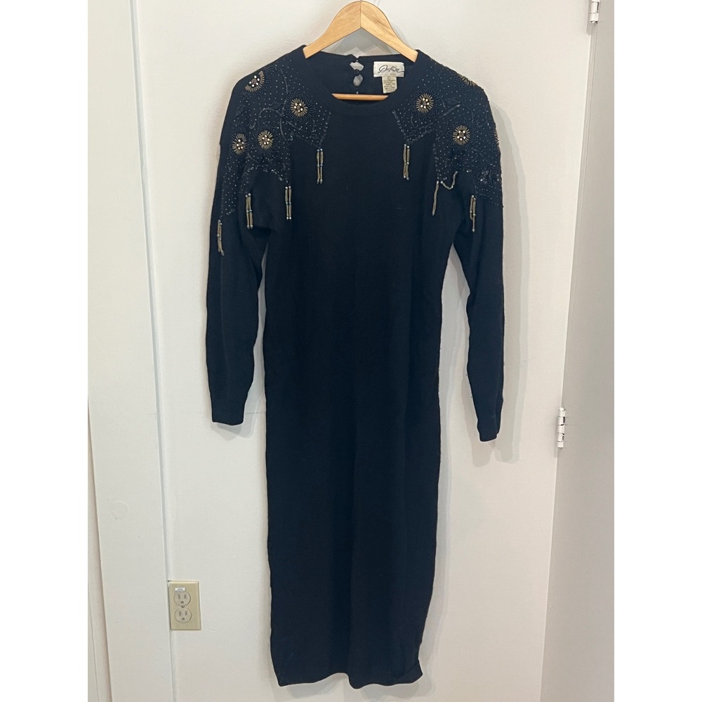 Vintage Destinee Black Lambswool Angora Beaded Fringe Western Cowgirl Dress L